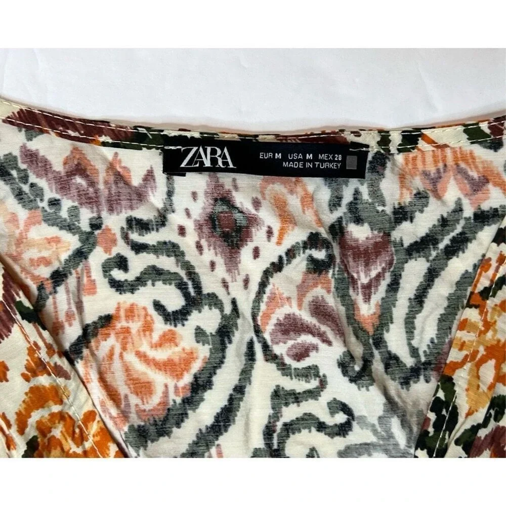 Zara AOP Ikat Print Tiered Elastic Waist Dress Tan Green Tribal MEDIUM Boho Chic - Picture 5 of 10